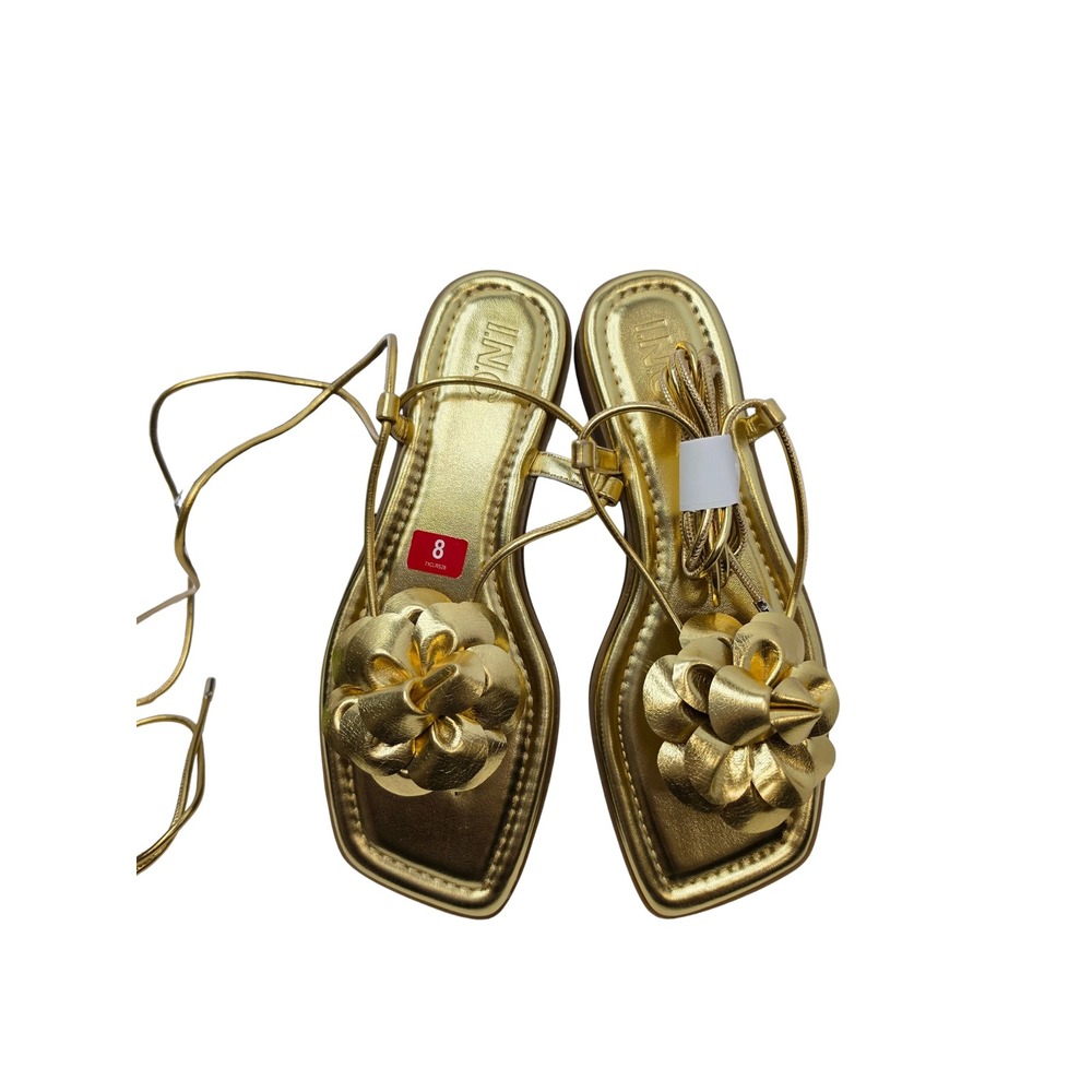 I.N.C Gilmap Gold Flower Flat Sandal Strappy Lace Up Size 8 Vacation Glam